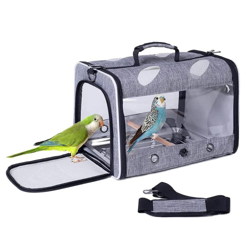 Portable Pet Bird Carrier Tote Bag Transparent Breathable Window Net Mesh Canvas Polyester Lining Zipper Parrot Travel Cage