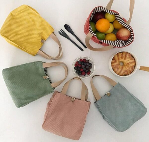 Corduroy Picnic Tote Bag Eco Cotton Cloth Small Handbag Zipper Closure Folding Ladies' Style Letter Vegetables Food Storage - 画像 3