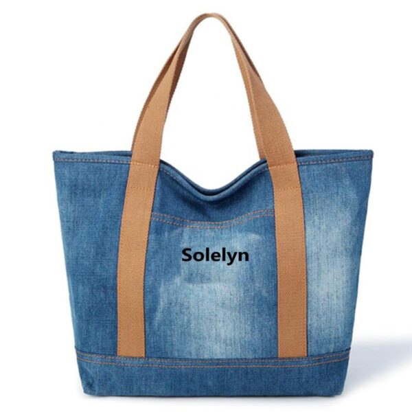 Custom Pattern Denim Tote Handbag Large Capacity Canvas Shoulder Bag Letter Decoration Cotton Handle Medium Size-for Shopping - 画像 2