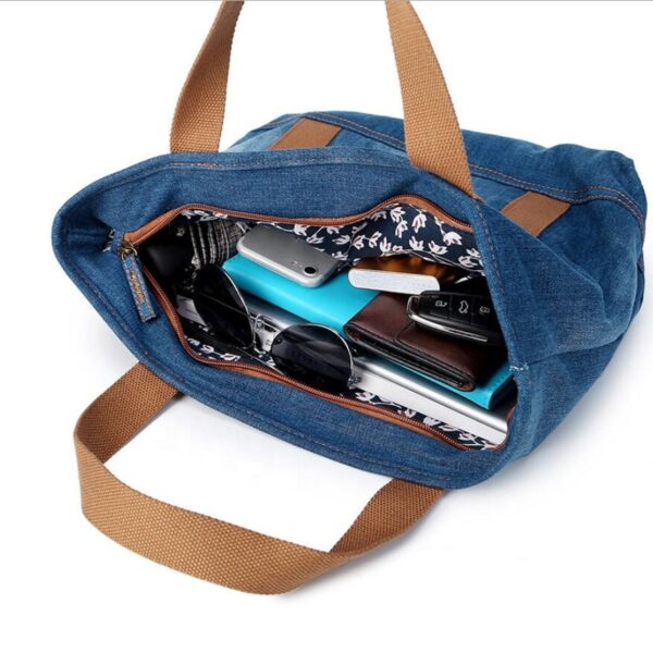 Custom Pattern Denim Tote Handbag Large Capacity Canvas Shoulder Bag Letter Decoration Cotton Handle Medium Size-for Shopping - 画像 5