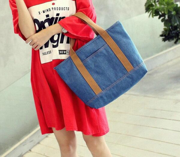 Custom Pattern Denim Tote Handbag Large Capacity Canvas Shoulder Bag Letter Decoration Cotton Handle Medium Size-for Shopping - 画像 6