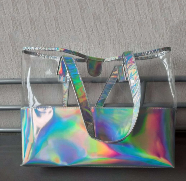 Hologram Handbag Casual Tote Simply Metallic in Holographic Rainbow Tote Beach Bag - Image 4
