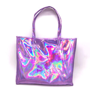 Custom Woman Beauty Shinny Holographic Shopping Laser Reusable Purple Tote Bag