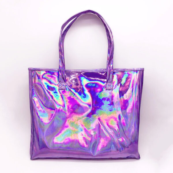 Custom Woman Beauty Shinny Holographic Shopping Laser Reusable Purple Tote Bag - 画像 2