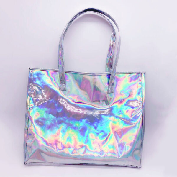 Custom Woman Beauty Shinny Holographic Shopping Laser Reusable Purple Tote Bag - 画像 3