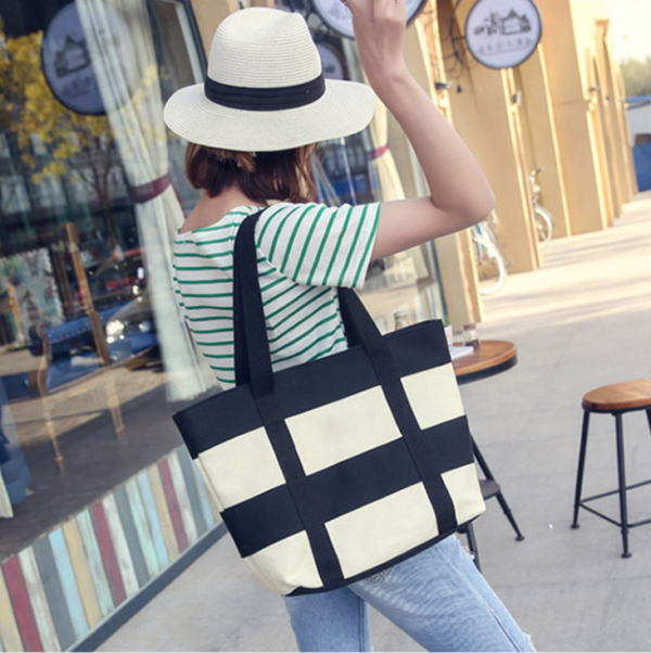 Spring Summer Large Canvas Striped Beach Bag Custom Logo Beach Bag - Image 5
