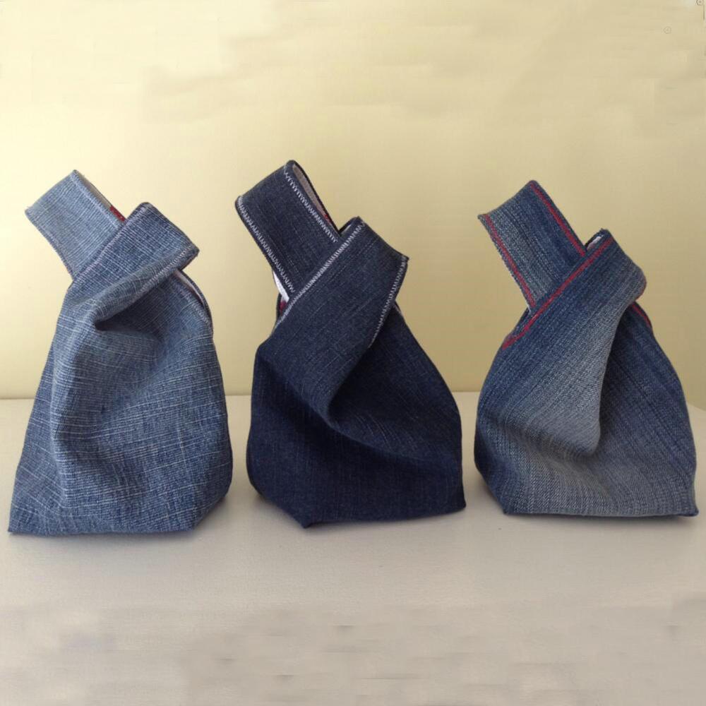 Denim Japanese Knot Bag Mini Wrist Purse