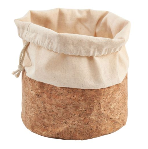 Raw Cotton Fabric and Organic Cork Tomato Basket with Drawstring Closure