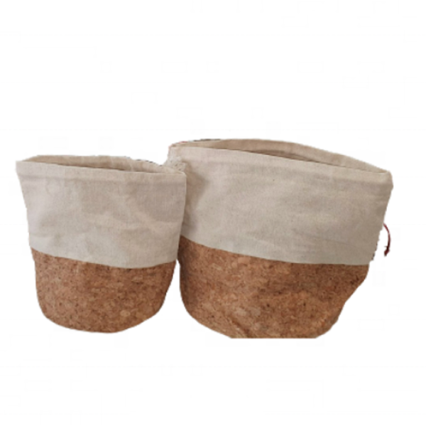 Raw Cotton Fabric and Organic Cork Tomato Basket with Drawstring Closure - 画像 4