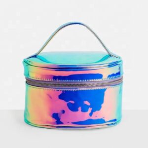 Women's Metallic Silver Iridescent Holographic Circle Makeup Bag