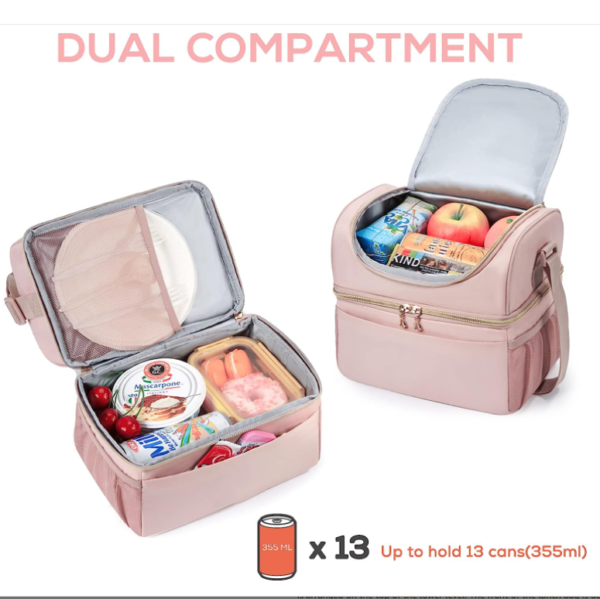 Dual Compartment Lunch Bag Women Insulated Lunch Box Cooler Bag for Men, Women, Work, Picnic, Pink - Bild 2