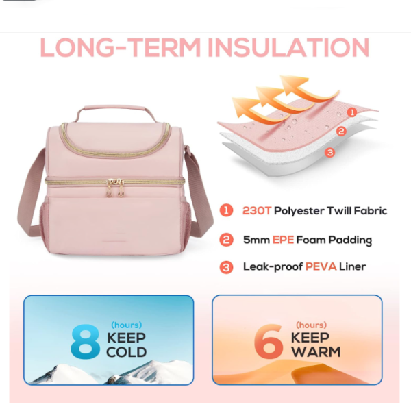 Dual Compartment Lunch Bag Women Insulated Lunch Box Cooler Bag for Men, Women, Work, Picnic, Pink - Bild 3