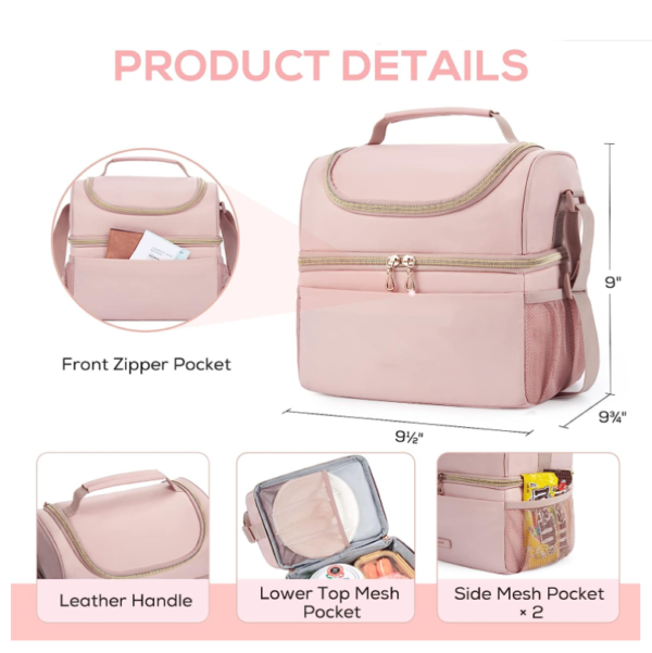 Dual Compartment Lunch Bag Women Insulated Lunch Box Cooler Bag for Men, Women, Work, Picnic, Pink - Bild 4