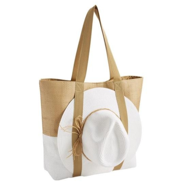 Color-block Jute Tote Bag Coordinating Sun Hat with Side Straps