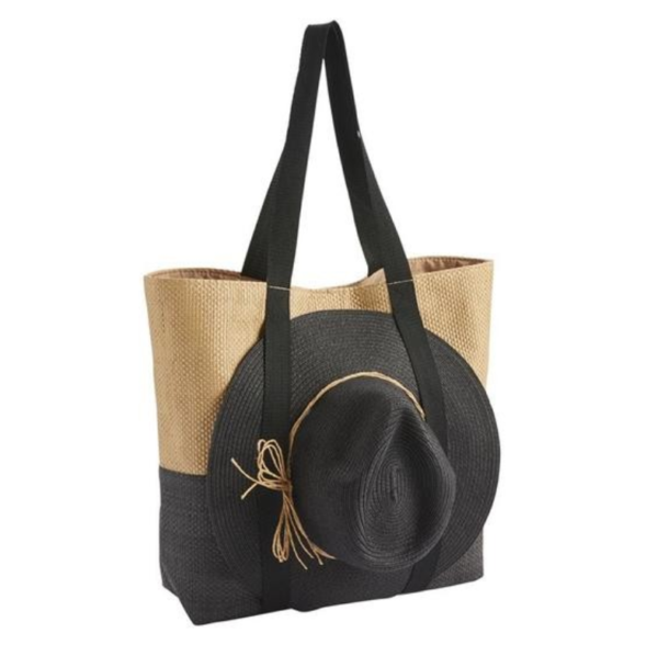 Color-block Jute Tote Bag Coordinating Sun Hat with Side Straps - 画像 2