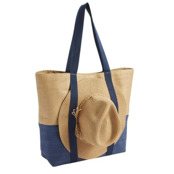 Color-block Jute Tote Bag Coordinating Sun Hat with Side Straps - 画像 3