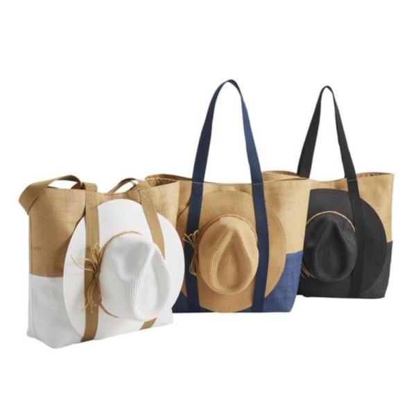 Color-block Jute Tote Bag Coordinating Sun Hat with Side Straps - 画像 5