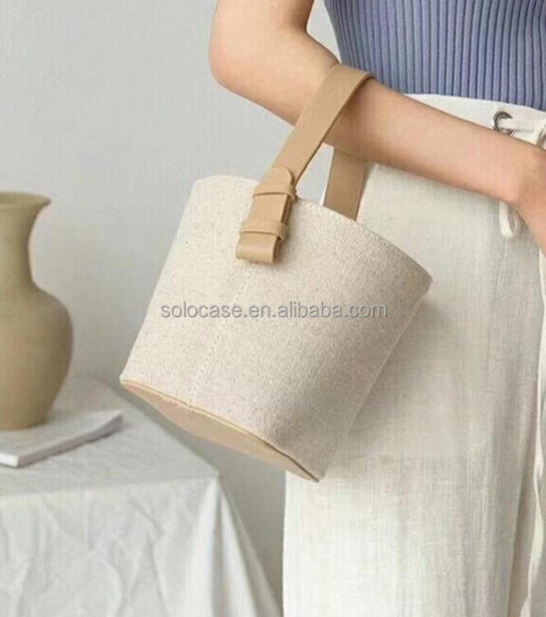 Handmade Small Canvas with Leather Bucket Bag - Imagem 3