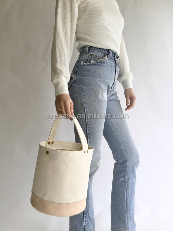 Handmade Small Canvas with Leather Bucket Bag - Imagem 5
