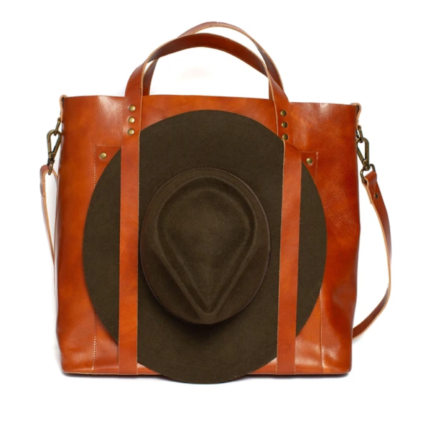 Vegan Leather Classic Tote Bag With Hat Holder and Shoulder Strap - Image 4