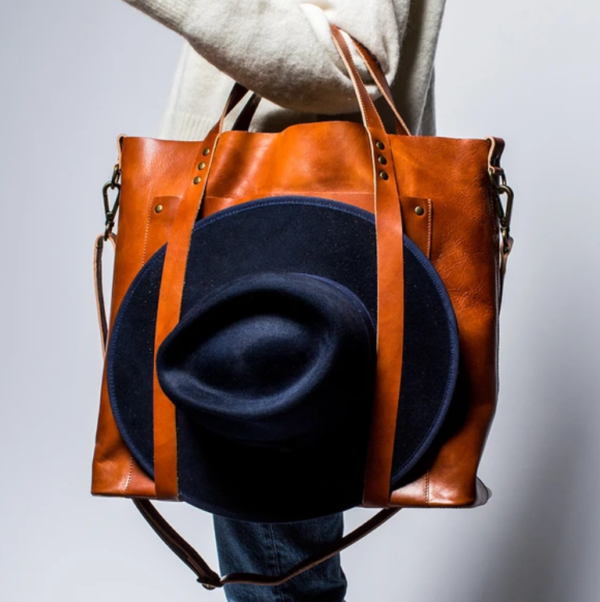 Vegan Leather Classic Tote Bag With Hat Holder and Shoulder Strap - Image 6