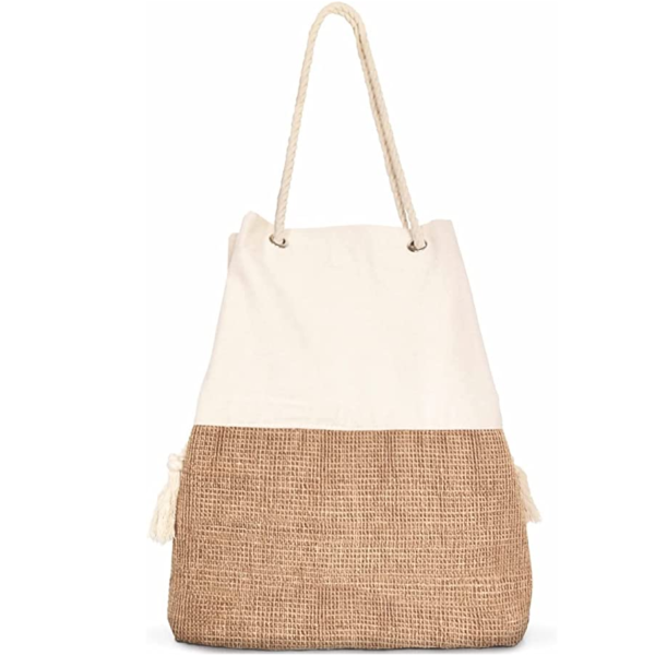 Large Boho Tote Shoulder Bag Summer Beach Cooler Bag-Woven Canvas and Jute Elegant Summer Style