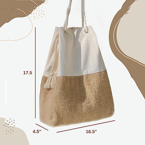 Large Boho Tote Shoulder Bag Summer Beach Cooler Bag-Woven Canvas and Jute Elegant Summer Style - Bild 2