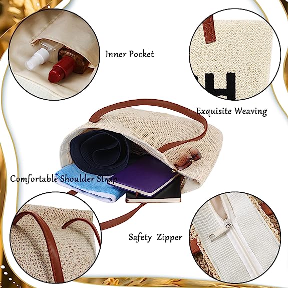 Waterproof Zipper Beach Tote Bag Straw Woven Cooler Bag - 画像 4