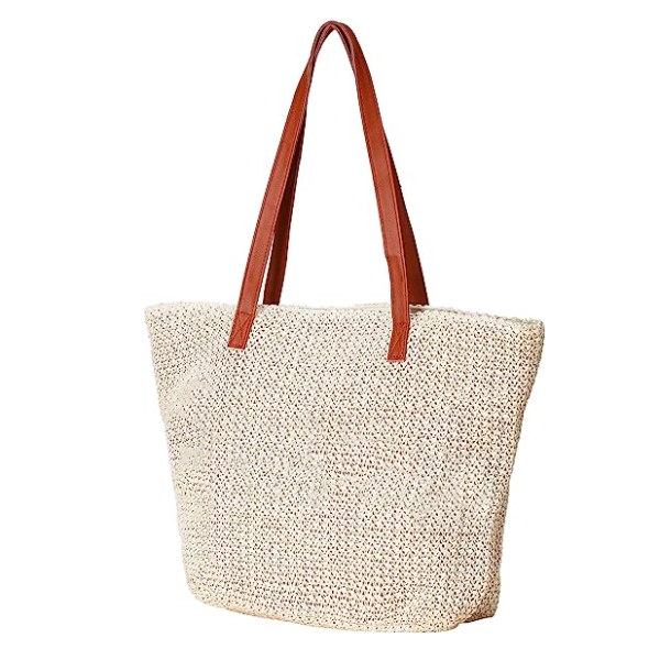 Lightweight Synthetic Straw Stitchwork Tote Beach Handbag Striped Zipper Cooler Bag Shoulder Carry