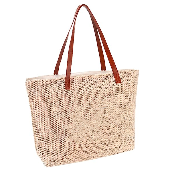 Lightweight Synthetic Straw Stitchwork Tote Beach Handbag Striped Zipper Cooler Bag Shoulder Carry - Bild 3