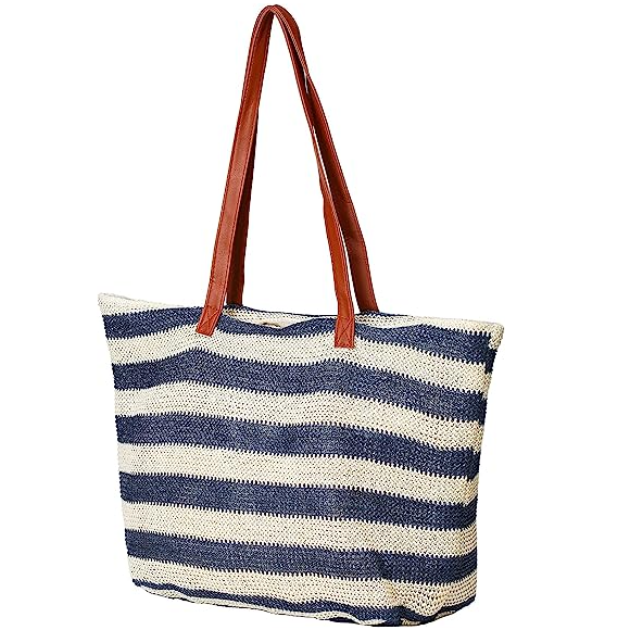Lightweight Synthetic Straw Stitchwork Tote Beach Handbag Striped Zipper Cooler Bag Shoulder Carry - Bild 4