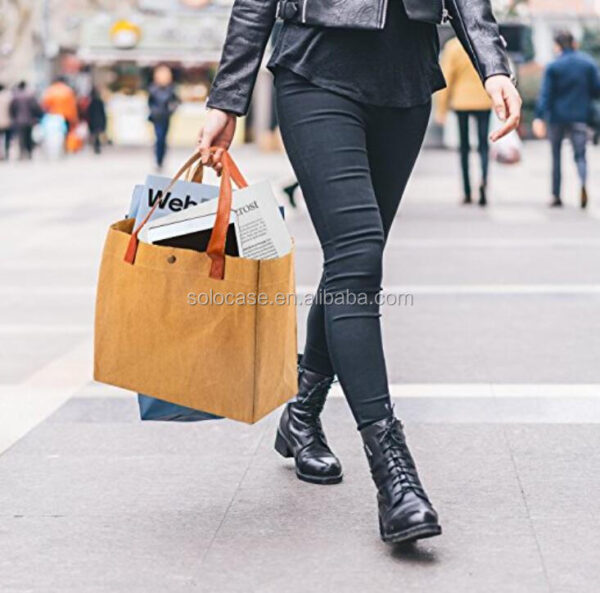Recycled Brown Waterproof Portable Women's Tote Bag Hand-Washed Insulation Cooler for Picnic DuPont Kraft Paper Washable Feature - 画像 3