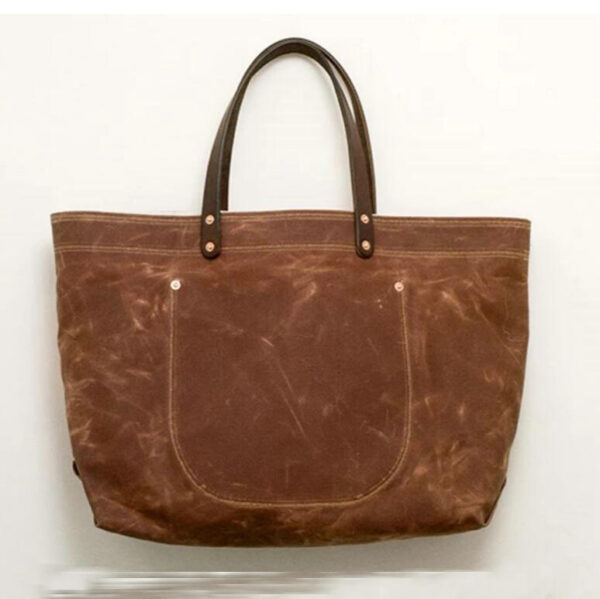 Natural Selvage Waxed Canvas Tote Bag with Leather Straps Shoulder Handbag - Image 6