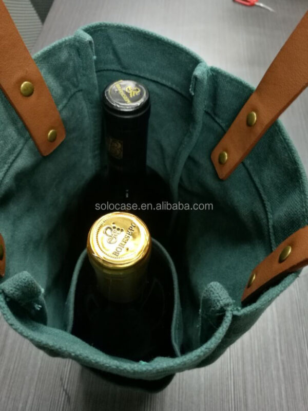 Double Bottle Wine Tote with Waxed Canvas and Genuine Leather Handles Cooler Bags - 画像 3