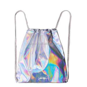 Silver Holographic Laser Leather Drawstring Duffel Bag Casual Travel Daypack Backpack