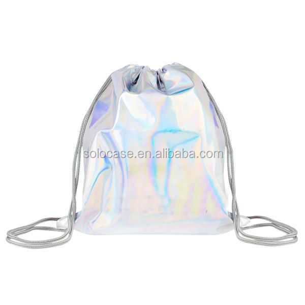 Silver Holographic Laser Leather Drawstring Duffel Bag Casual Travel Daypack Backpack - 画像 3