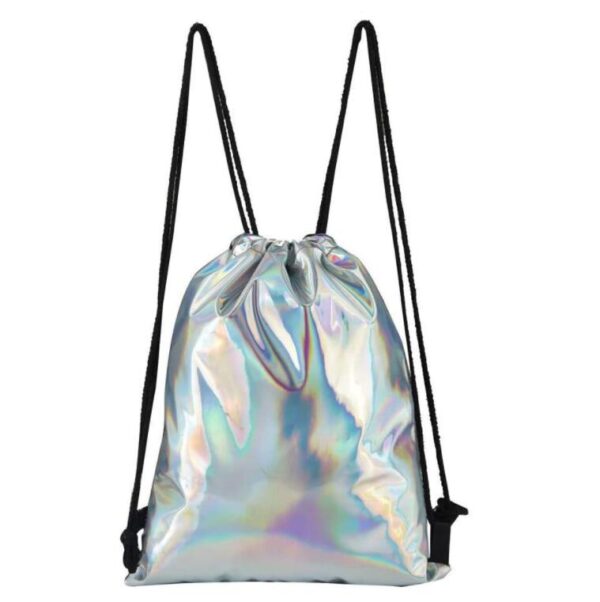 Silver Holographic Laser Leather Drawstring Duffel Bag Casual Travel Daypack Backpack - 画像 4