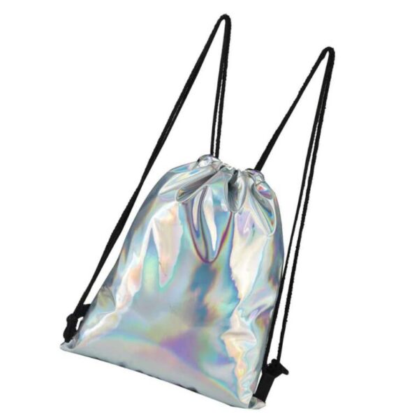 Silver Holographic Laser Leather Drawstring Duffel Bag Casual Travel Daypack Backpack - 画像 5
