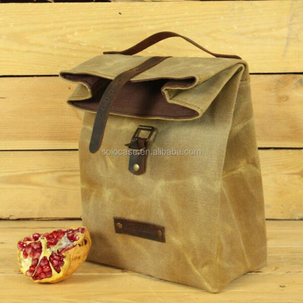 Water Repellent Waxed Canvas Reusable Lunch Bag with Leather Handle Cooler Bags Product Category - Bild 2