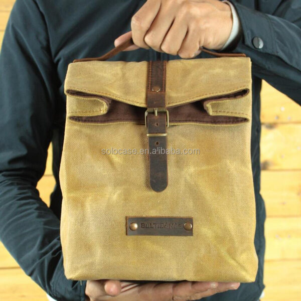 Water Repellent Waxed Canvas Reusable Lunch Bag with Leather Handle Cooler Bags Product Category - Bild 3