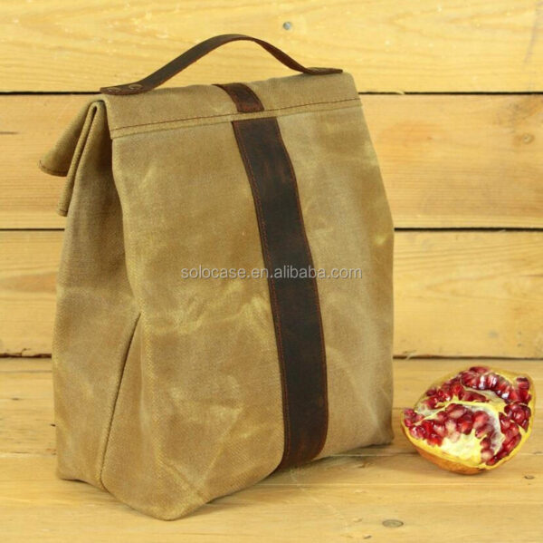 Water Repellent Waxed Canvas Reusable Lunch Bag with Leather Handle Cooler Bags Product Category - Bild 5