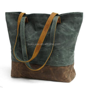 Women's 100% Bolso tote de lona encerada repelente al agua con ribete de cuero genuino