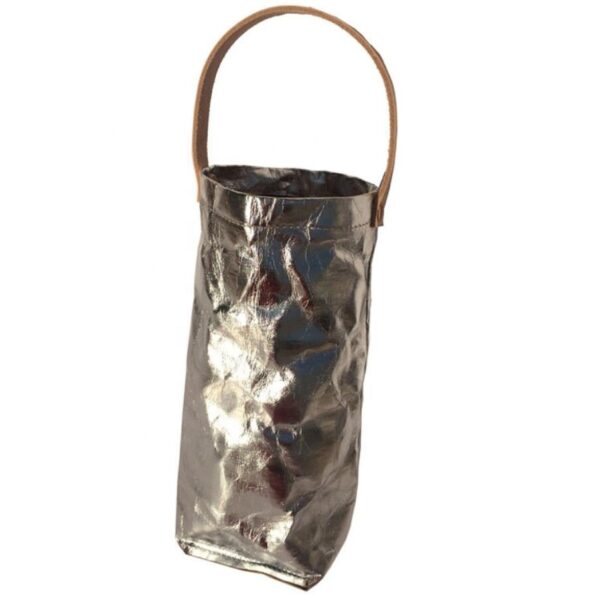 Washable Kraft Paper Wine Cooler Bag in Metallic Silver Tote Bag Style