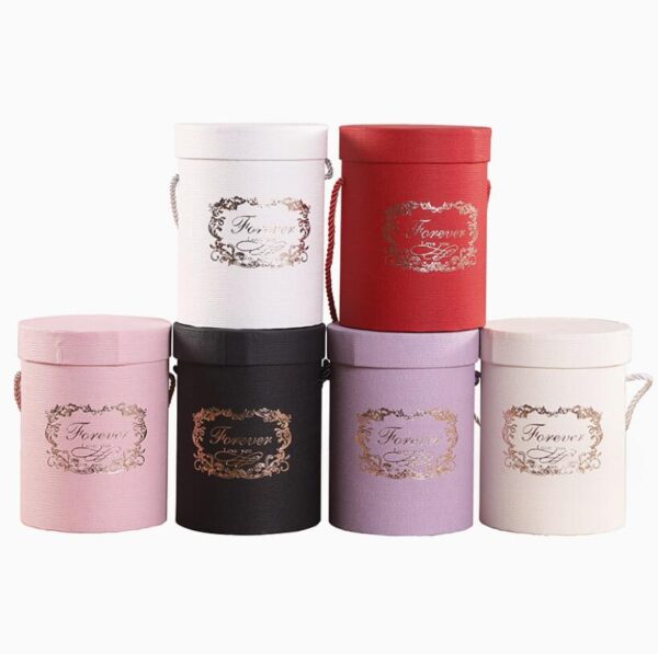 Luxury Custom Printing Flower Box Round Cardboard Gift Box Packaging With Ribbon Handle