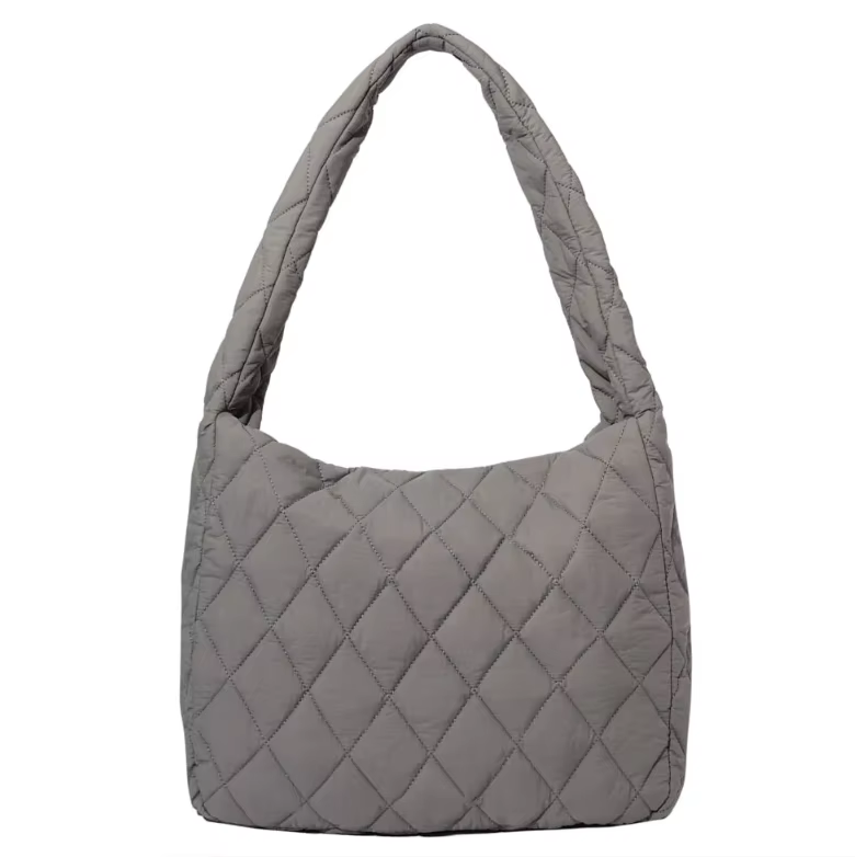 Quilted Nylon Puffer Shoulder Bag Tote Zippered Lightweight Large Capacity Nylon Tote Bag
