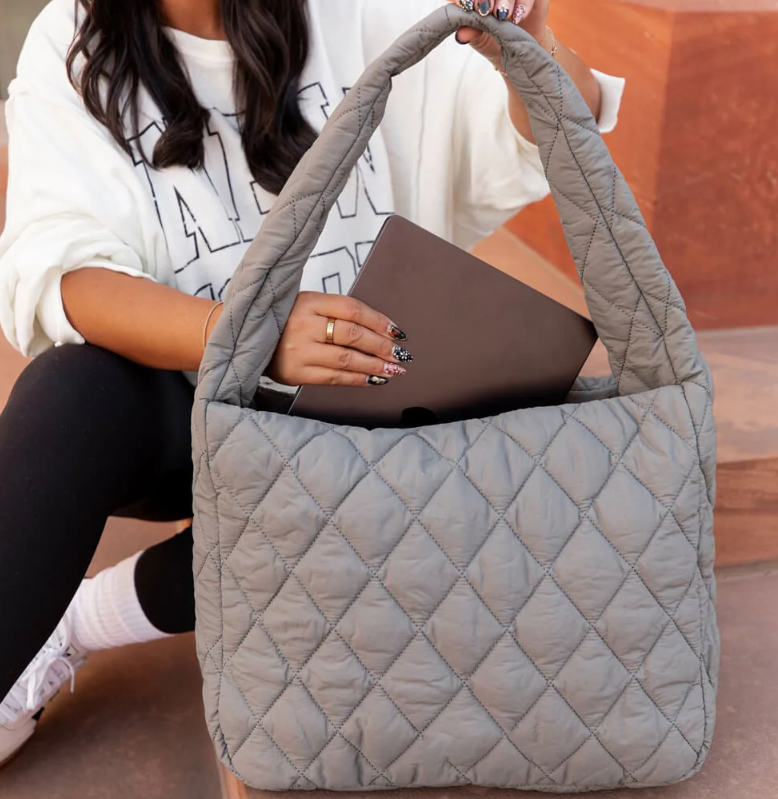 Quilted Nylon Puffer Shoulder Bag Tote Zippered Lightweight Large Capacity Nylon Tote Bag - 画像 5